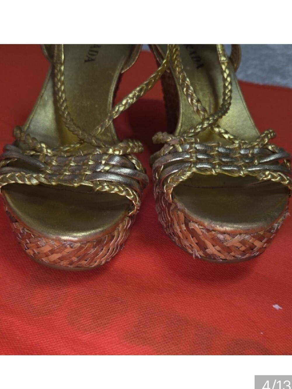 Prada metallic leather braided wedge sandals. - Picture 4 of 13